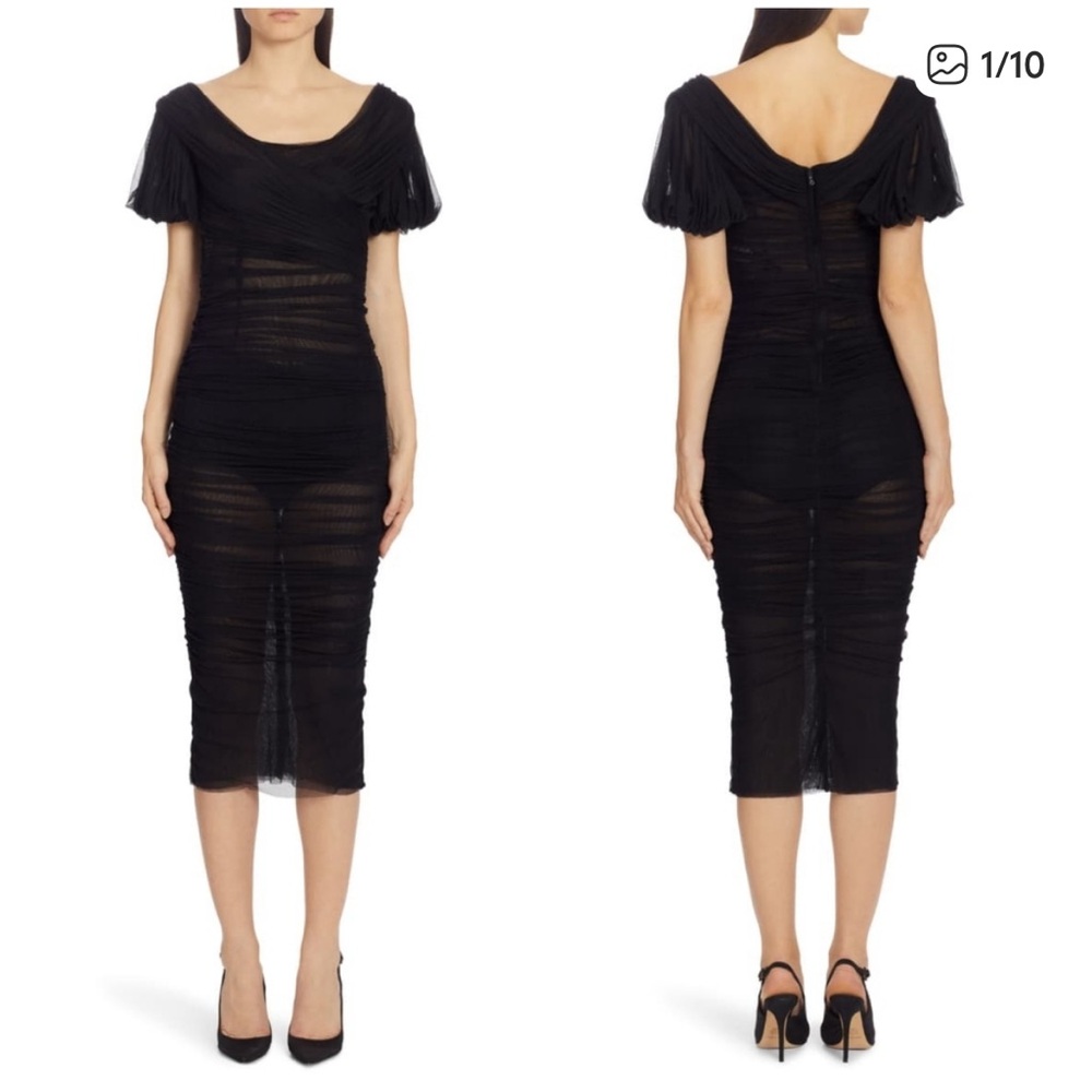 Dolce & Gabbana Silk Ruched Tulle Slip Dress Black Sheer Puff Sleeve